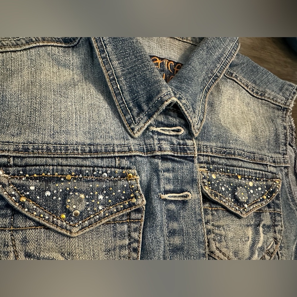 Americana Blues Distressed Embellished Sleeveless Vest - Size S - Picture 5 of 13